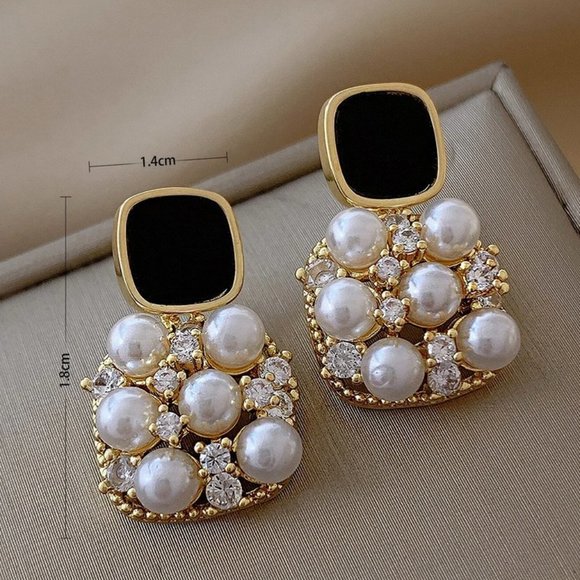 Square drop earring pearls & rhinestones chic classy elegant - Picture 2 of 2